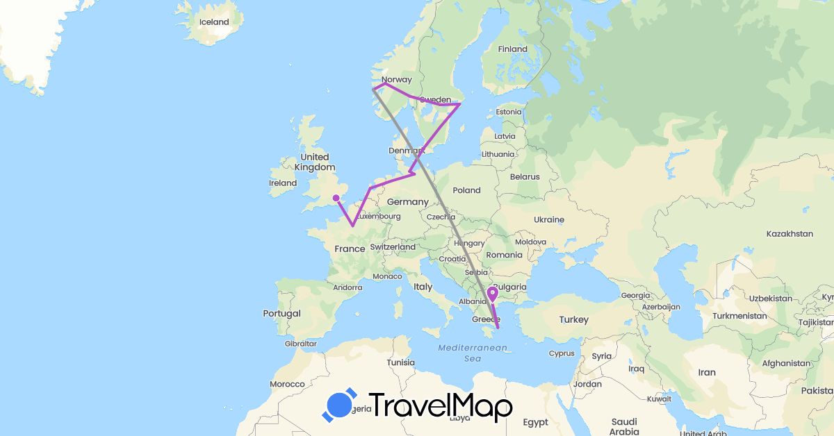 TravelMap itinerary: driving, plane, train in Germany, Denmark, France, United Kingdom, Greece, Netherlands, Norway, Sweden (Europe)